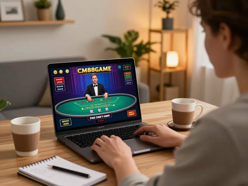 Engaged player strategizing in CM88game's live dealer blackjack at a stylish home setup.
