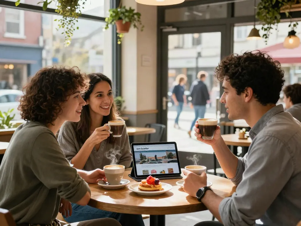 Amigos conversando en una cafetería sobre siera kaudalor con tablet y café.