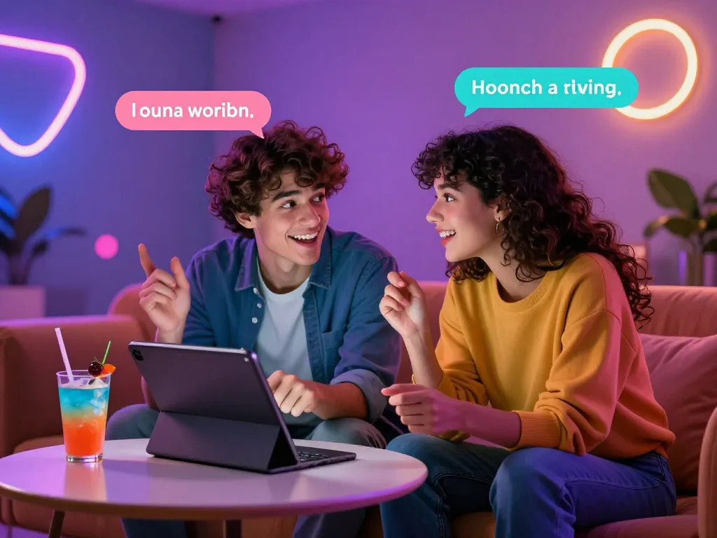 NSFW chat interaction between avatars in a vibrant digital lounge.