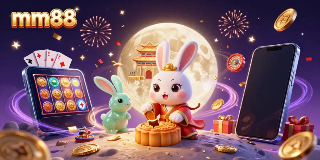 Celebrate with the mm88 moon rabbit making casino magic with poker chips and slot games.