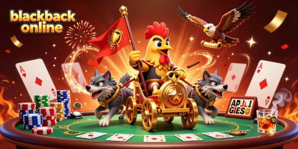 Jugar blackjack online en una emocionante escena con un guerrero y elementos de casino.
