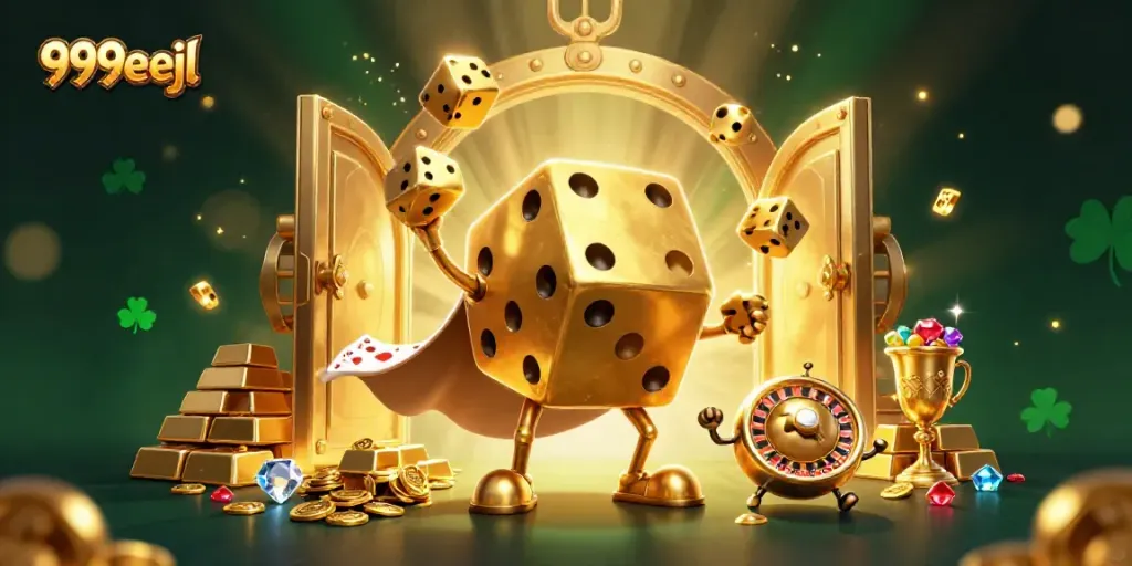 Experience the thrill of 999eejl with an exciting 3D illustration of a golden dice golem in a vibrant casino setting.