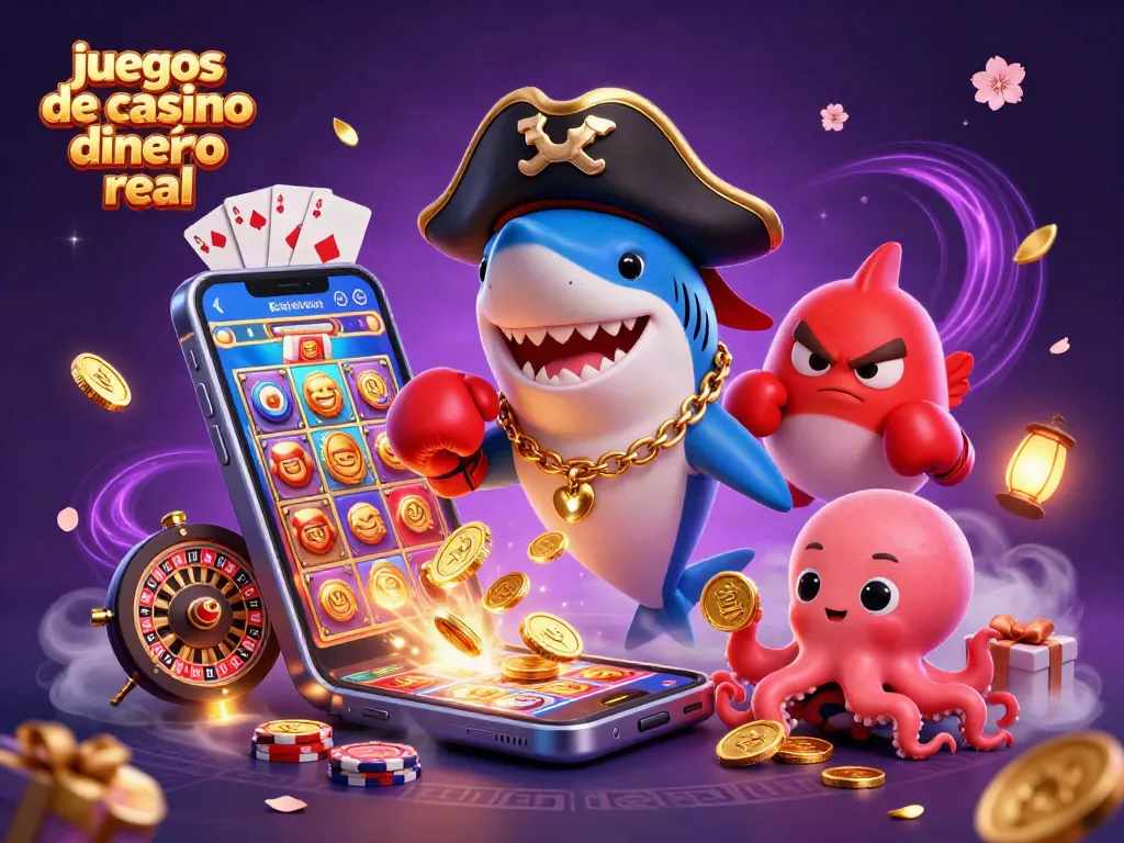 juegos de casino dinero real: caricaturas de un tiburón pirata, pez globo y pulpo con monedas