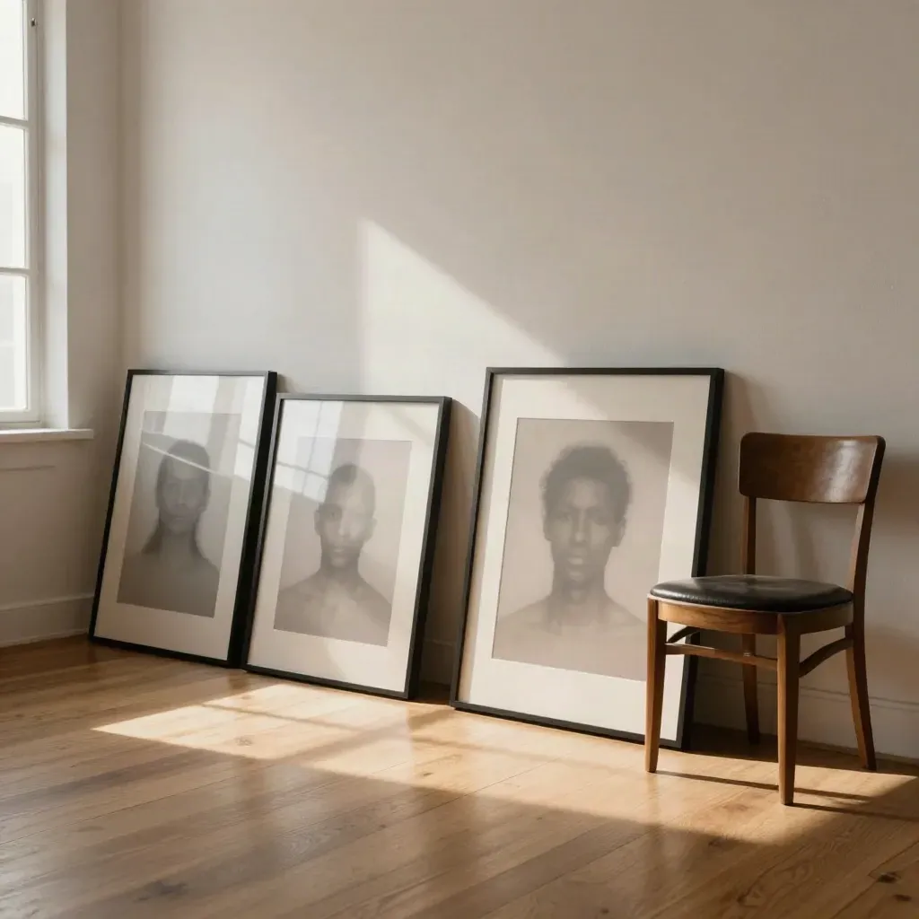 Cuatro retratos enmarcados junto a una pared de yeso, con silla vacía y luz cálida de estudio.