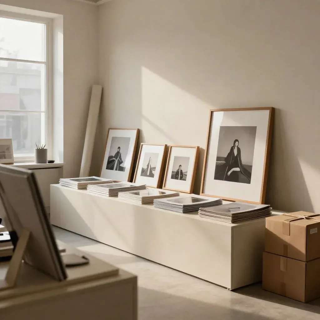 Estantería minimalista con productos alineados, impresiones montadas y cajas cerradas en una tienda luminosa.