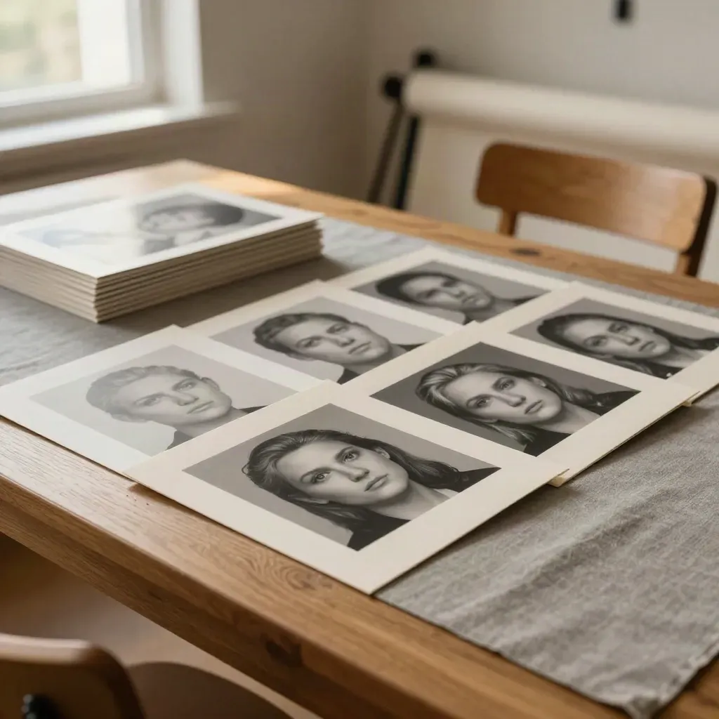 Seis pruebas de headshots alineadas junto a una silla vacía y un fondo neutro.