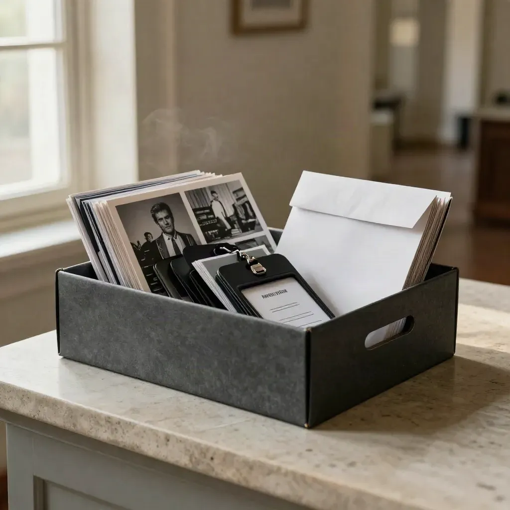 Caja rígida con copias y acreditaciones listas para entrega en un pasillo de evento