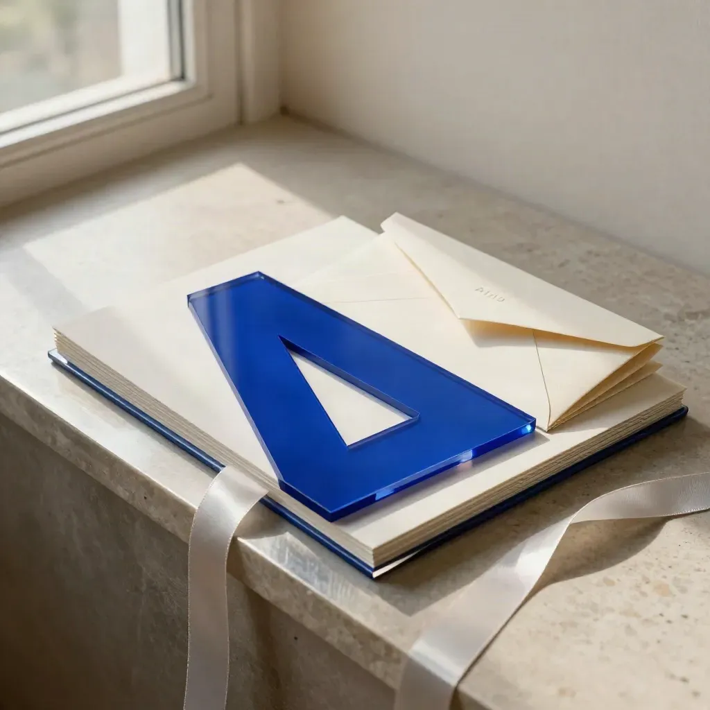Logo geométrico acrílico con papelería de marca sobre piedra clara, estilo editorial y limpio.