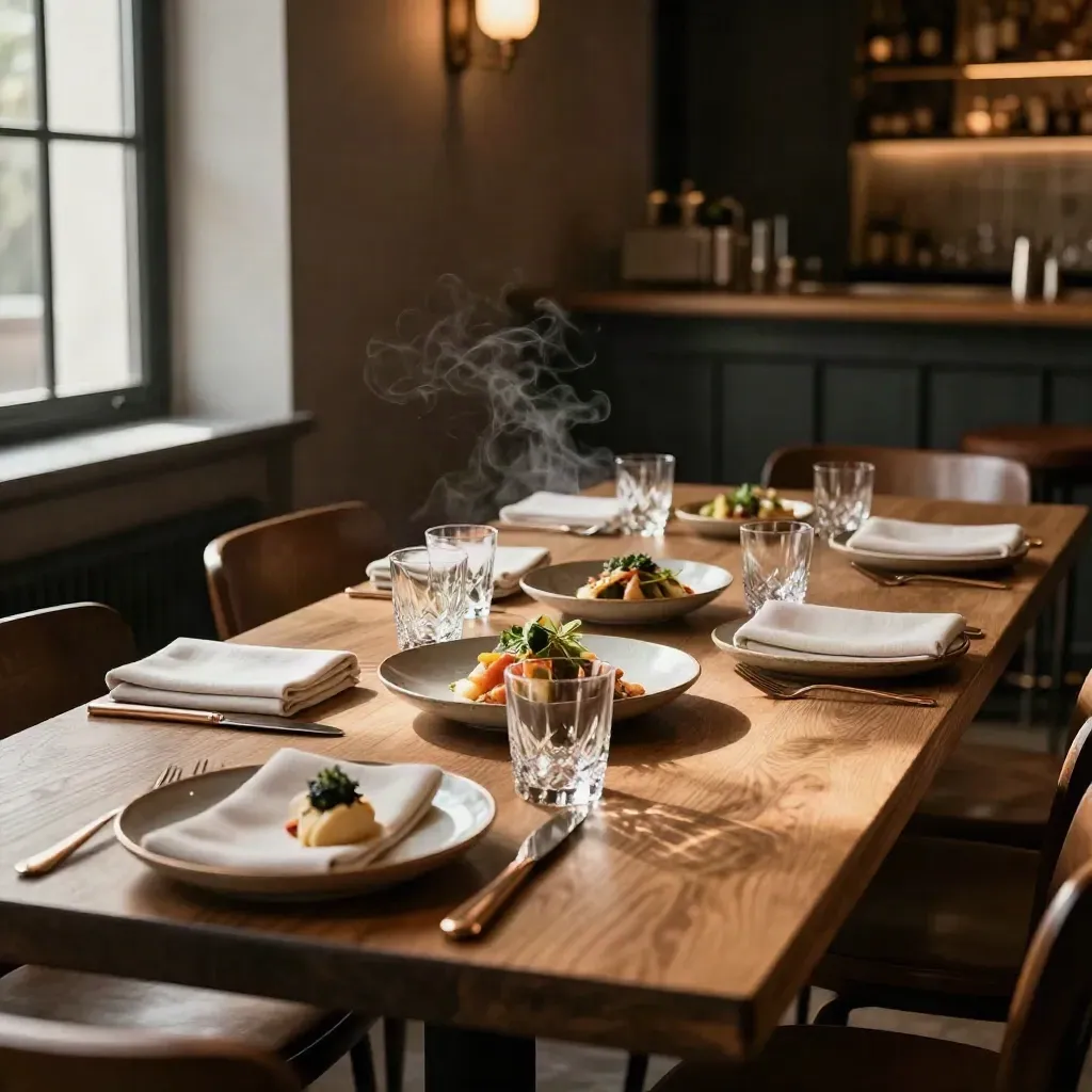 Mesa de restaurante lista, platos emplatados, copas vacías y luz cálida dramática.