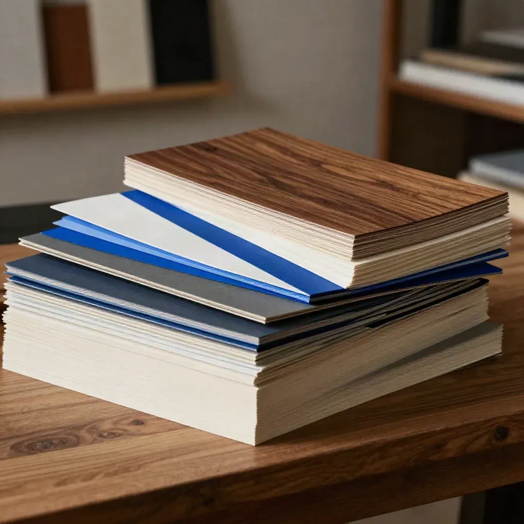 Muestras de papel algodón, bloques de color y vinilo mate en una mesa de diseño