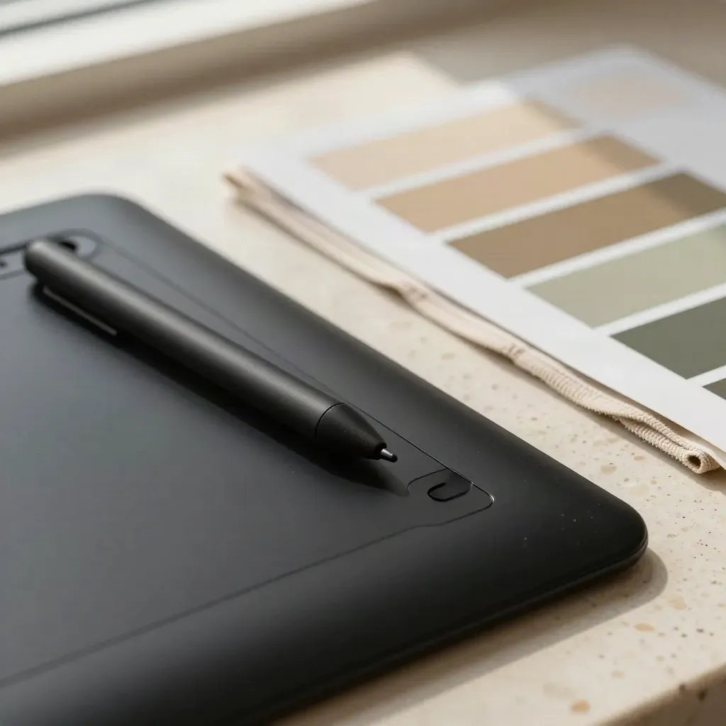 Tableta gráfica, lápiz óptico, paños y tarjetas de color sobre travertino claro.