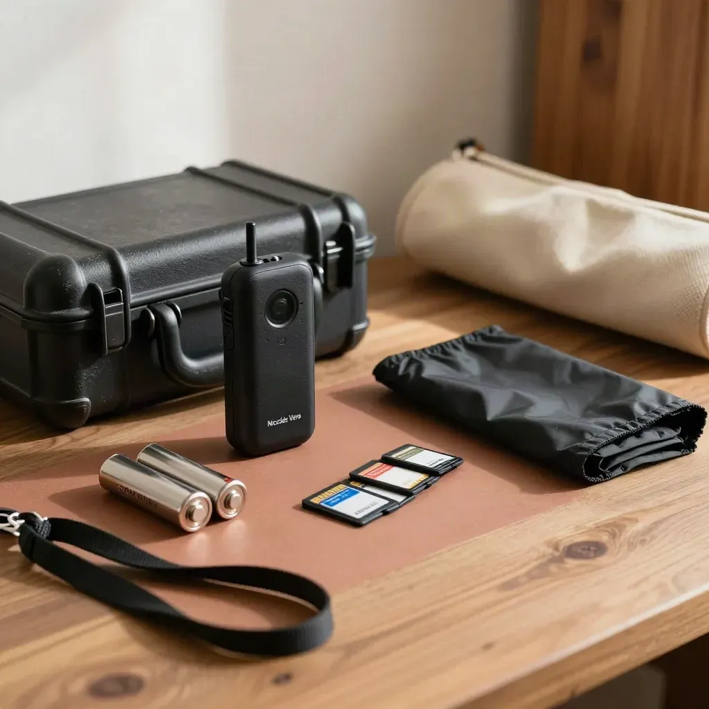 Kit de eventos con disparador, baterías, tarjetas, funda de lluvia y lanyard negro sobre madera
