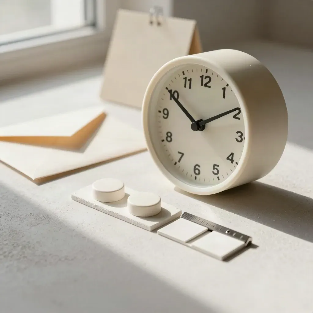 Reloj de mesa, fichas de color y sobre rígido sobre una superficie clara, con luz lateral suave.