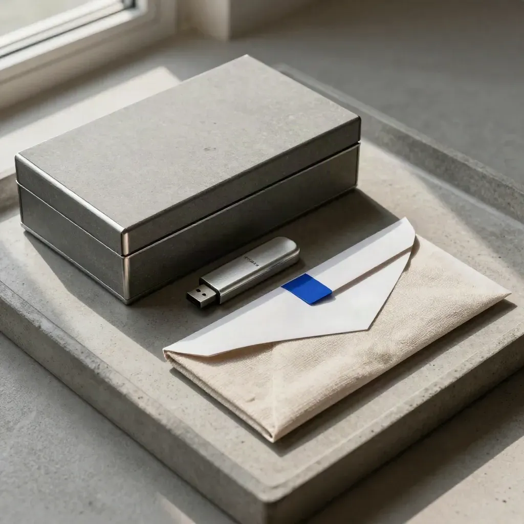 Caja de archivo, USB metálico y funda de lino sobre bandeja de piedra, luz suave lateral.