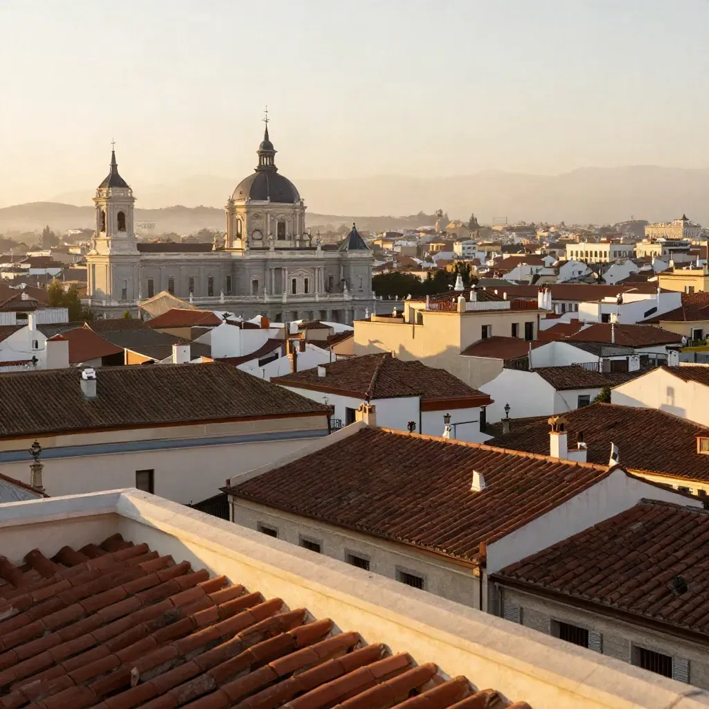 Tejados y cúpulas de Madrid al amanecer, vistos desde una azotea alta con bruma cálida.