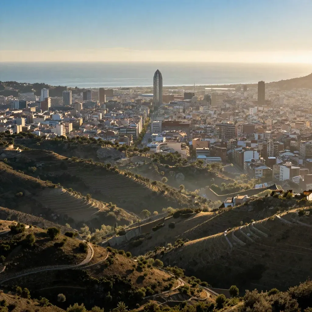 Vista de Barcelona desde Collserola con la ciudad arriba y el Mediterráneo al fondo.