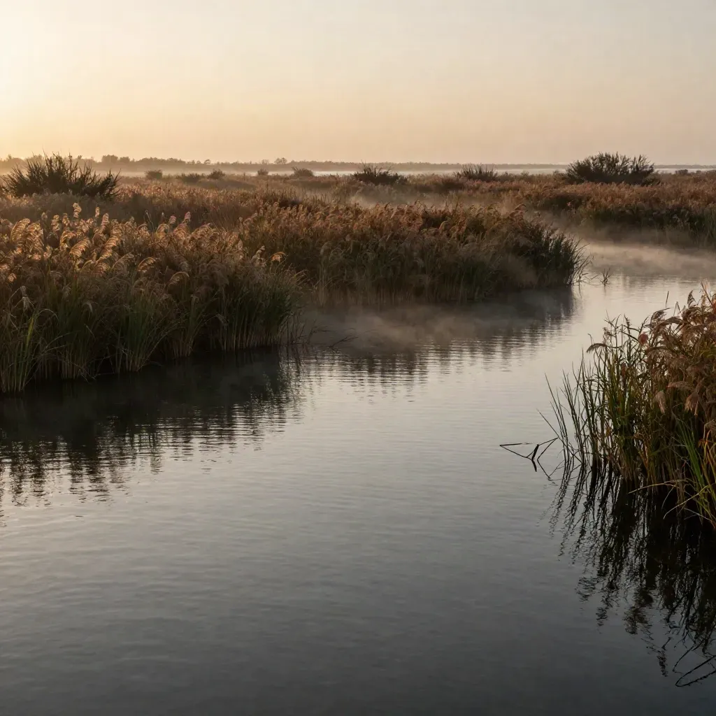 La Albufera al atardecer, carrizales altos y agua quieta con cielo amplio.