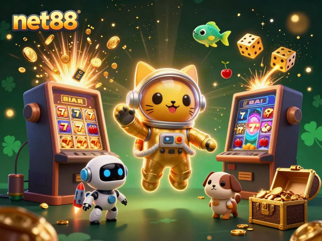 Experience thrilling gameplay with net88’s vibrant casino scene featuring a floating astronaut cat and jackpot rewards.