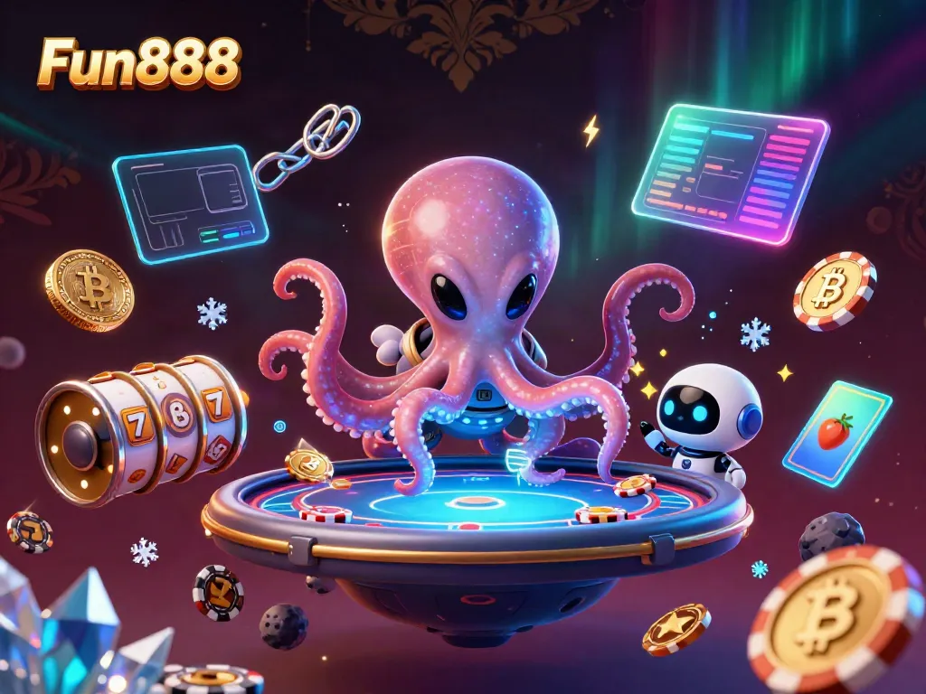 Engage in the vibrant universe of Fun888 with an alien octopus and cryptocurrency elements in a casino scene.