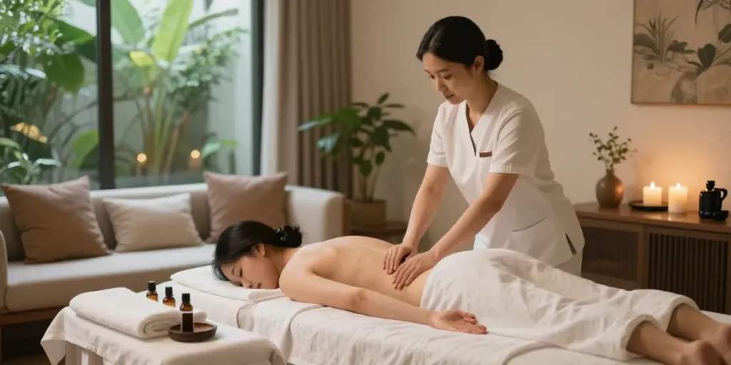 종로출장안마 in a serene hotel room, a therapist preparing a massage session.