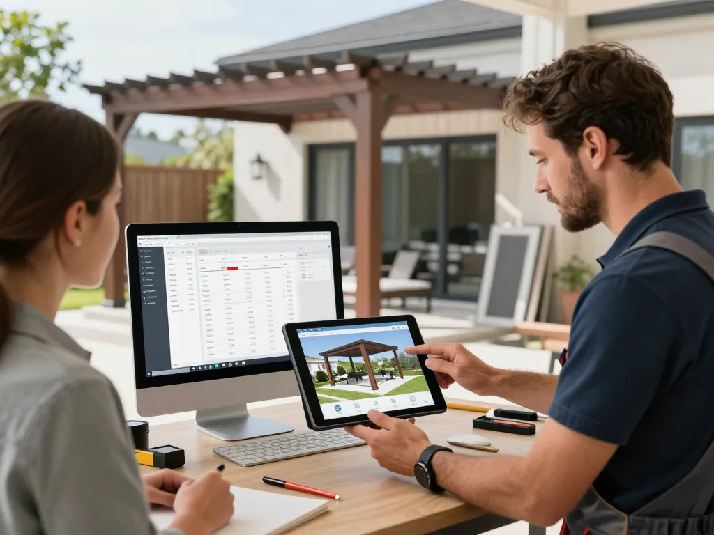 Instalador utilizando software para instaladores de verandas en un espacio de trabajo moderno que muestra un configurador 3D.