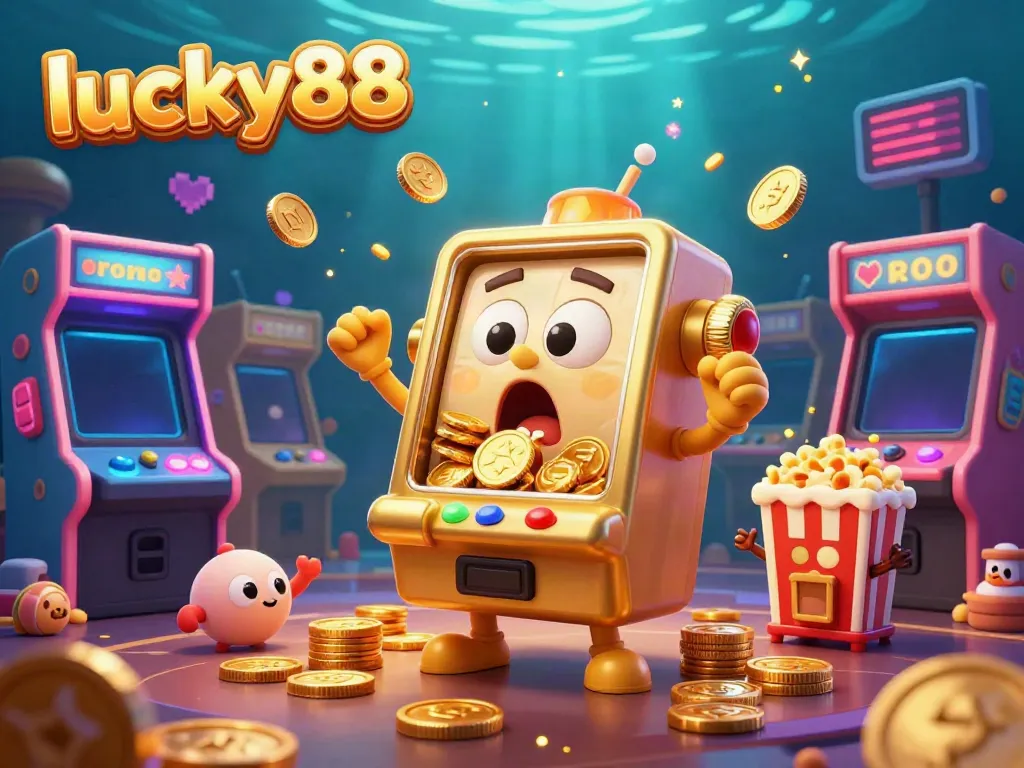 Experience the thrill of lucky88 with a golden slot machine celebrating a jackpot amidst cheering baby machines.