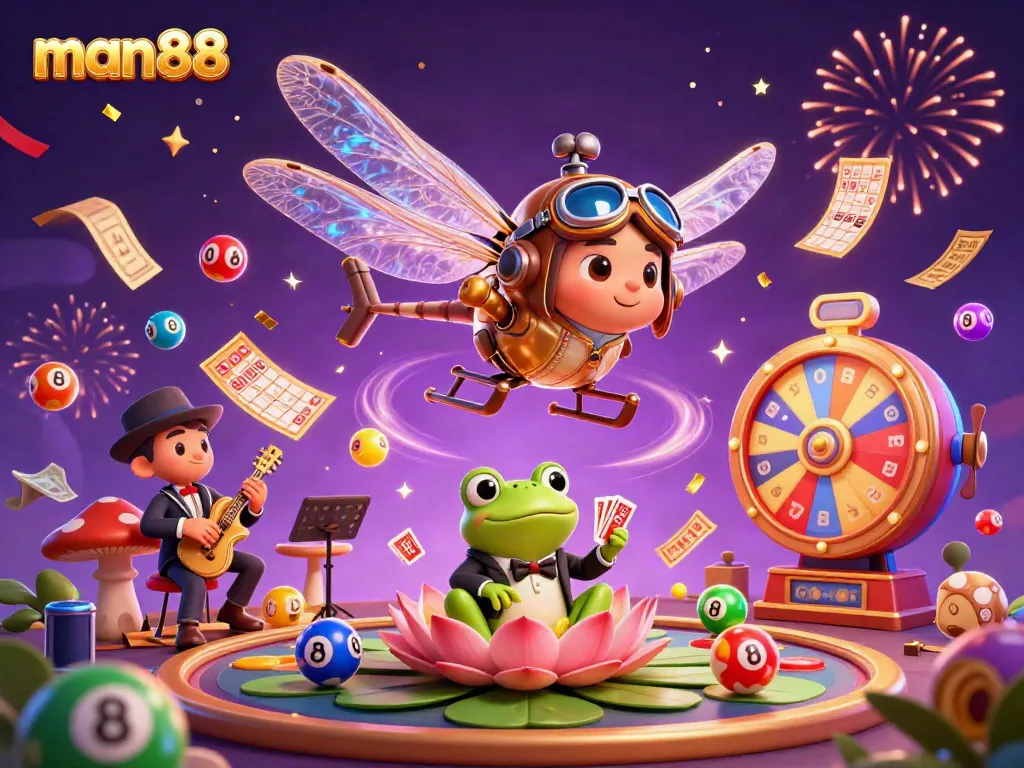 Experience thrilling games at man88 as a joyful frog croupier deals cards amidst vibrant casino elements.