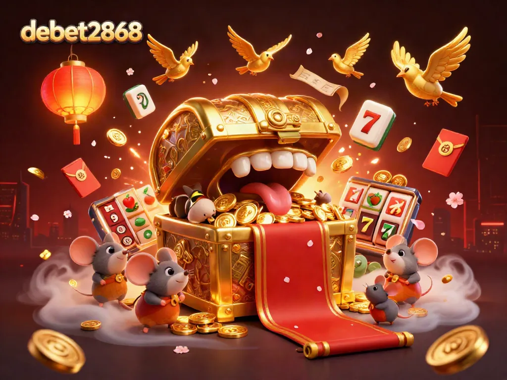 Engage with debet2868's online gaming experience, featuring vibrant slot reels and captivating elements in a rich 3D visual.
