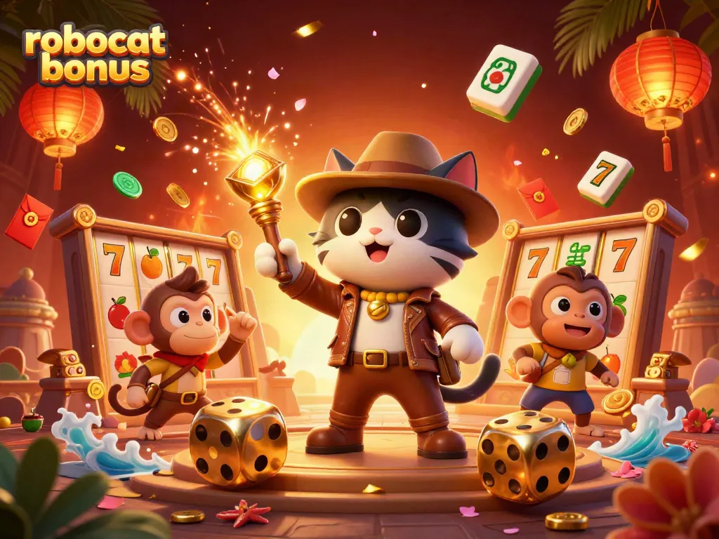 Experience the robocat bonus adventure with an explorer cat uncovering treasures in a dynamic casino scene.