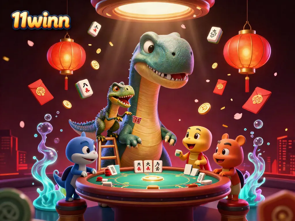 Engage with the vibrant 11winn casino world featuring a playful dinosaur and raptor.