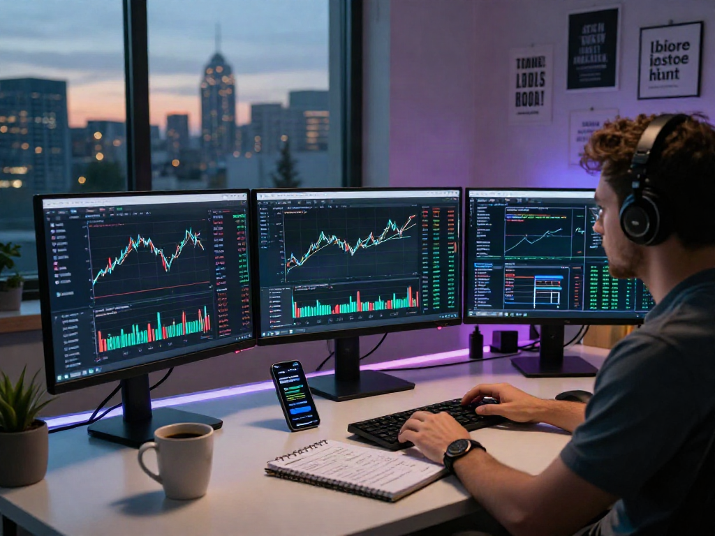La imagen muestra un inversor en criptomonedas analizando el precio usdt en su ordenador en un entorno moderno.