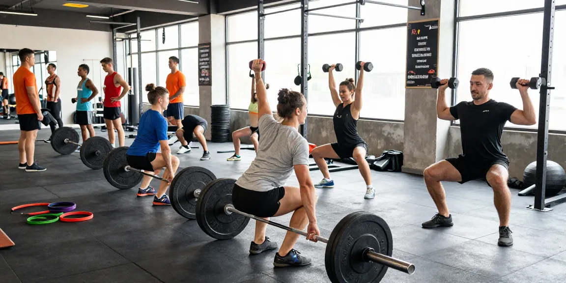 Escena dinámica de gimnasio mostrando a atletas entrenando en Esteroidesshop.