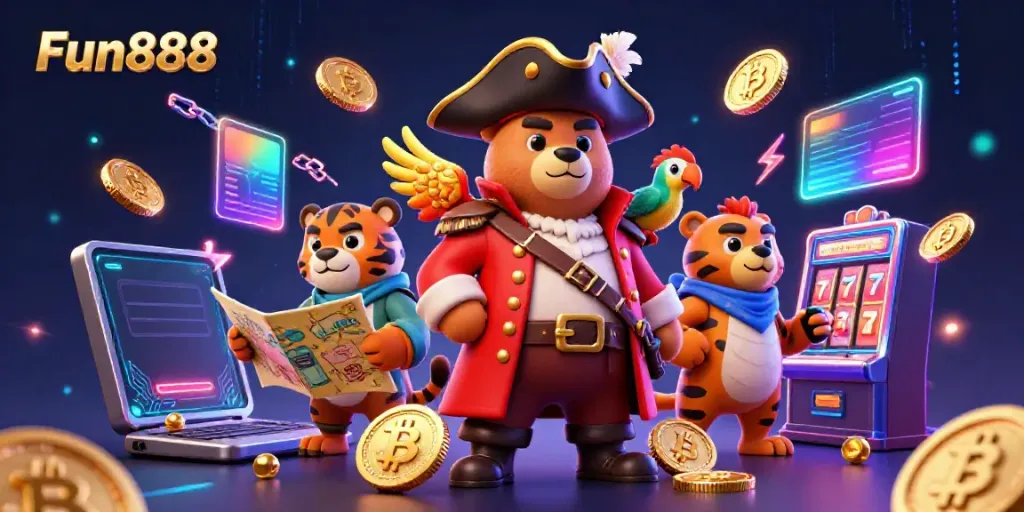 Engage in thrilling Fun888 slots with vibrant pirate characters and neon casino elements.