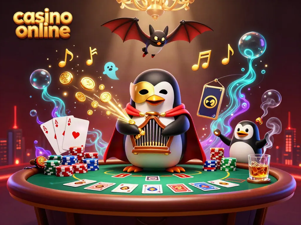 Los jugadores disfrutan en un casino online mientras una escena vibrante de un pingüino fantasma opera la música y se lanzan monedas doradas.
