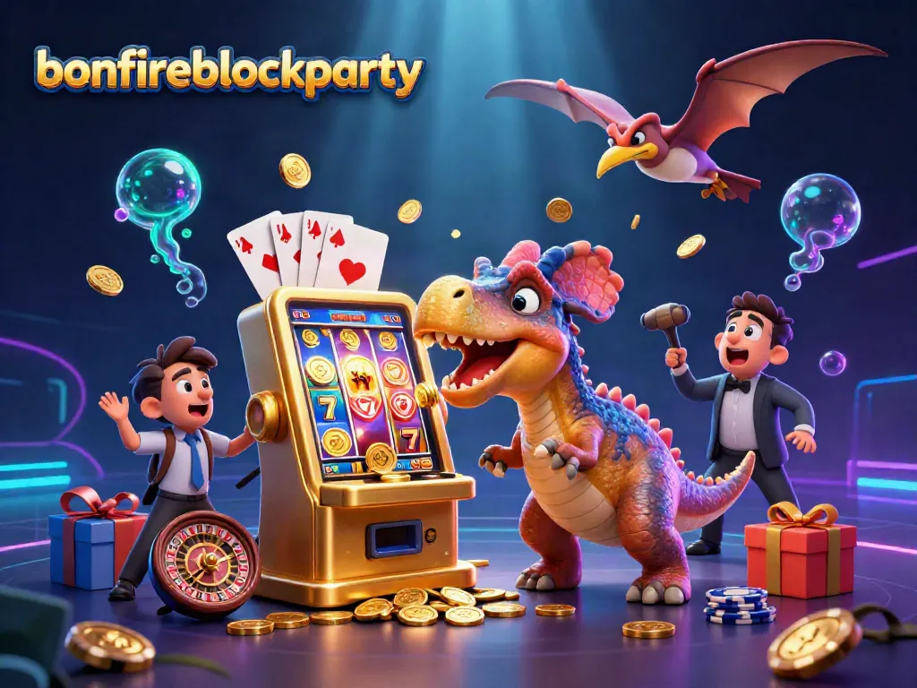 Bonfireblockparty showcases a pachycephalosaurus winning coins on a slot machine, creating an exciting casino scene.