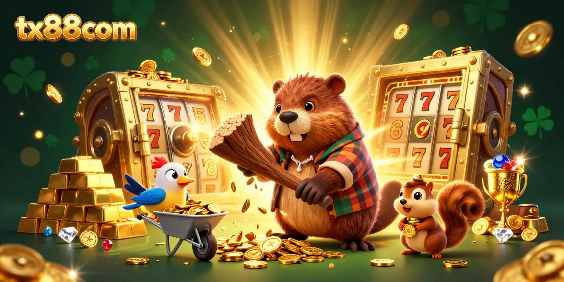 Collect coins with tx88com in a vibrant 3D casino scene, featuring a playful beaver and friends.