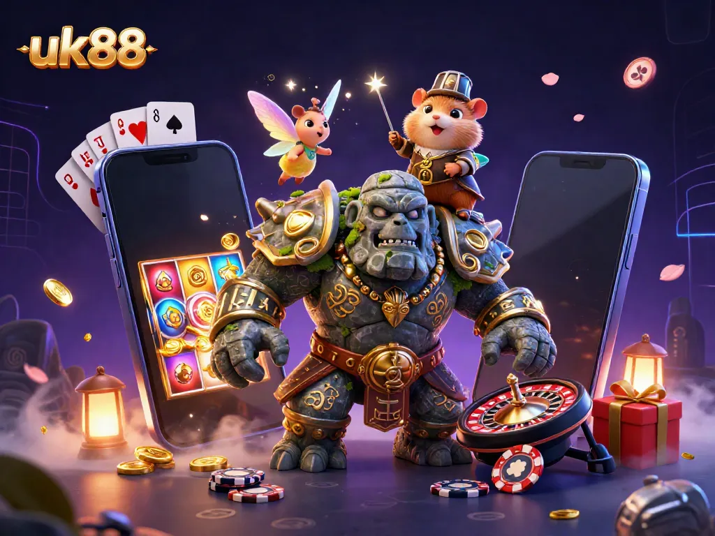 Experience the excitement of uk88 with a lively golem, fairy, and hamster knight amid vibrant casino elements.