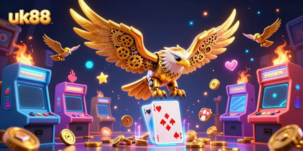 Engage with an exhilarating gambling experience at uk88, featuring golden eagle and gaming elements.