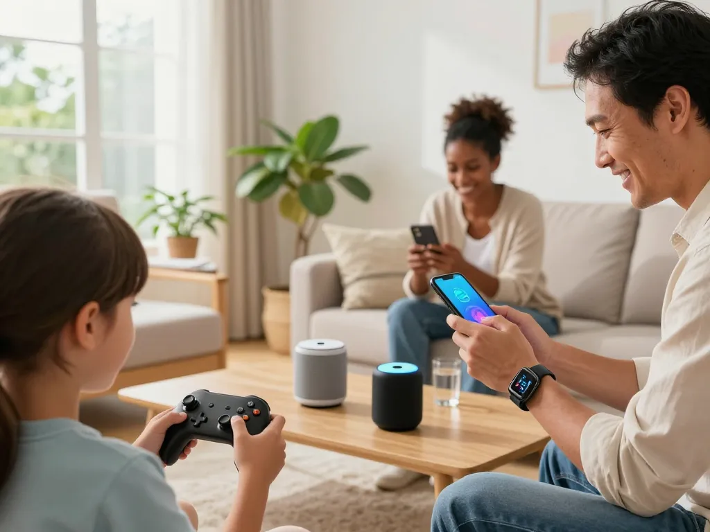 Family enjoying smart tech gadgets, including Bluetooth game controllers and smartwatches, in a bright modern living room.