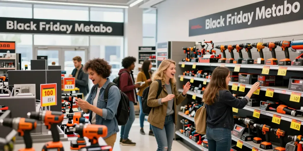 Grandes ofertas del Black Friday Metabo en una tienda de herramientas con clientes entusiastas.