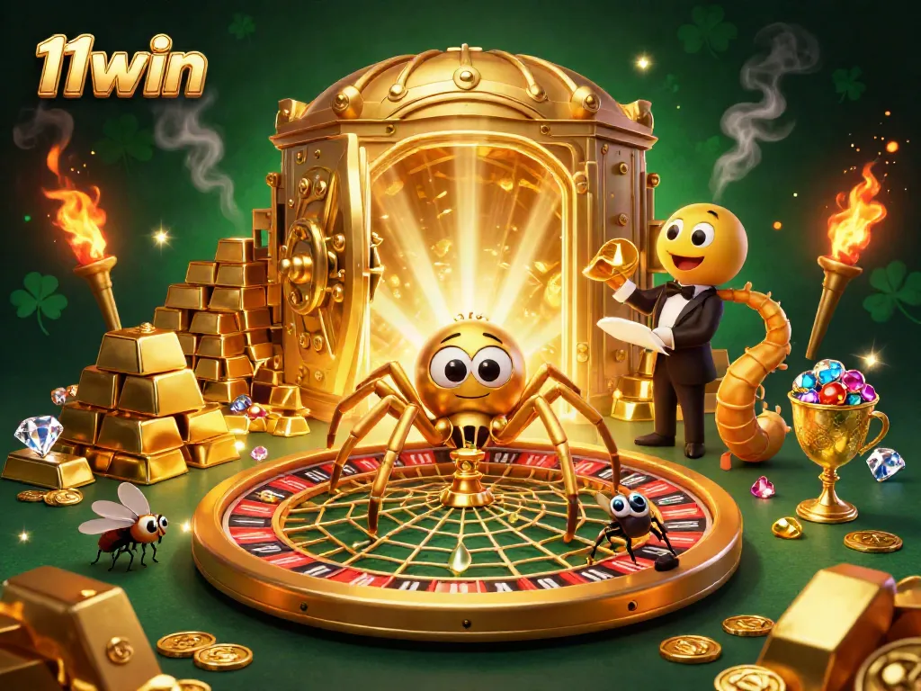 Experience exhilarating gambling action with 11win's vibrant casino scene featuring a golden spider and intricate roulette.