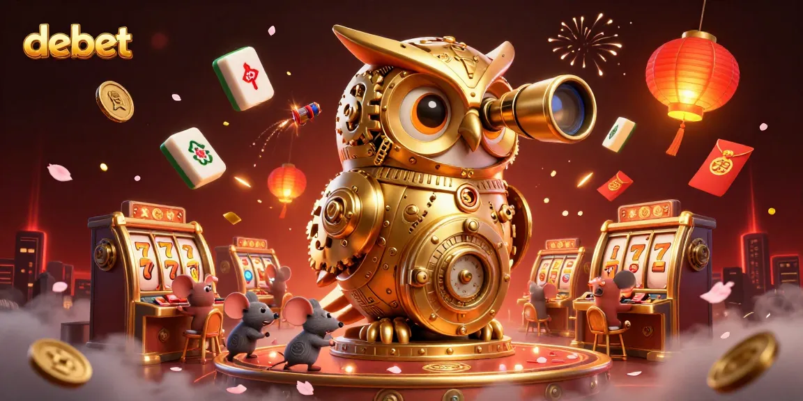 Experience the thrill of debet gaming with our captivating 3D illustration of a clockwork owl and lively casino scene.