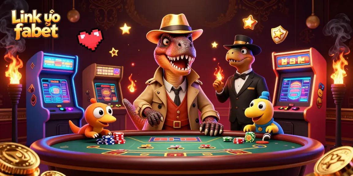 Link vào fabet showcases a velociraptor card counter at a blackjack table amidst exciting casino game elements.