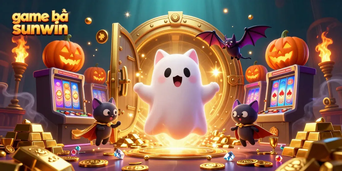 Play game bài sunwin with a friendly ghost cat in a vibrant casino atmosphere, surrounded by treasure and fun.