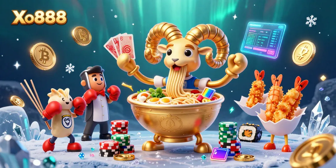 Xo888 promotes a vibrant 3D cartoon scene with crypto elements, a ramen bowl dealer, and sushi cheerleaders.