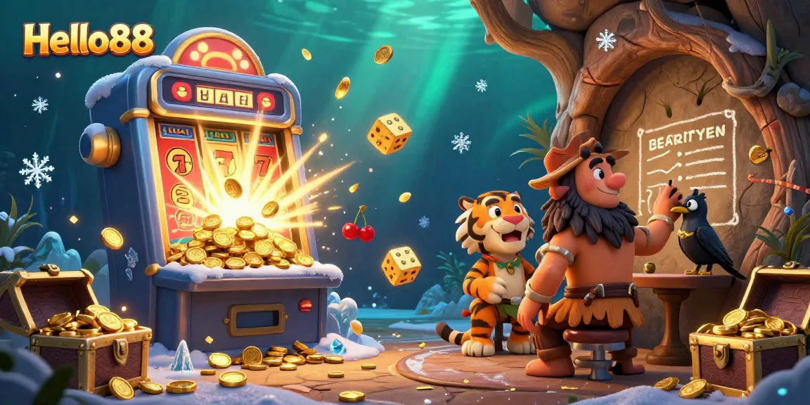 Hello88 casino scene featuring a prehistoric duo and a clever crow with a jackpot explosion of coins.