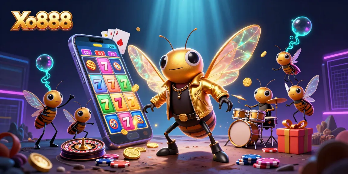 Xo888 celebrates thrilling gaming moments with a rock star cicada and vibrant slot games.