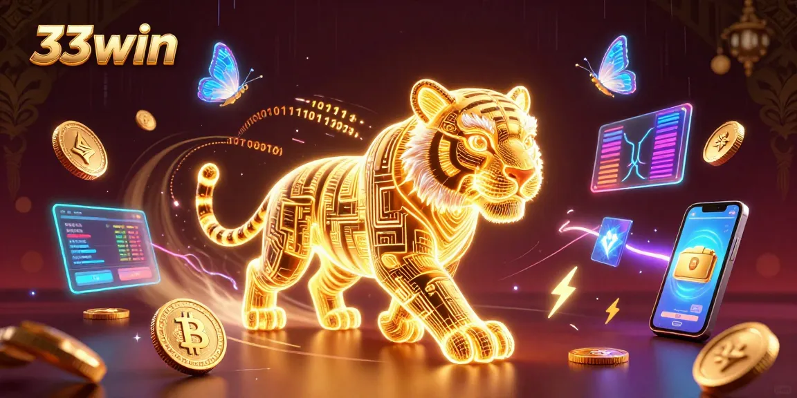 Experience dynamic gaming at 33win with a golden tiger and vibrant cryptocurrencies.